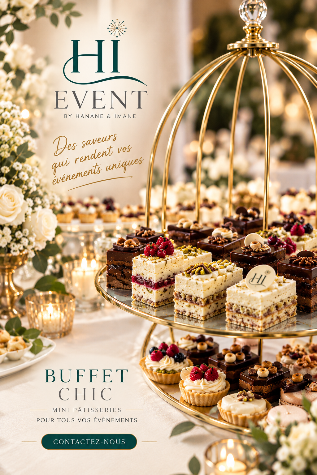 Buffet de mini pâtisseries sur présentoir doré
